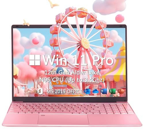 Amita 15.6 Laptop,12th Gen N95(Up to 3.4Ghz),DDR4 16G RAM, 512GB NVME SSD, Windows 11&Office 2019,Fingerprint Lock,Portable Notebook PC with Backlit KB,Pink(16+512GB)