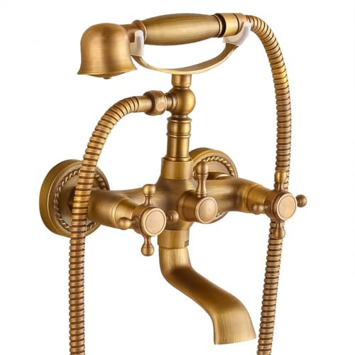Badewannenarmatur Badewanne Wasserhahn Retro Vintage Stil Messing Wandmontage Zwei Griffe Wannenbatterie Badewannen Armatur Mit Handbrause Badewanne Mischbatterie Duscharmatur, Bronze