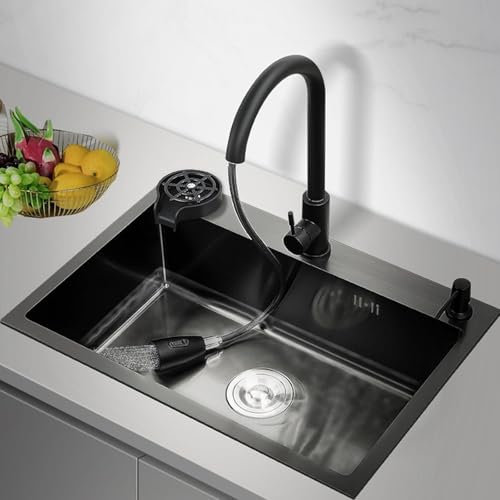 Fregadero de cocina (Acero inoxidable negro - Gris antracita) con grifos extraíbles para agua fría y caliente bajo encimera, Fregadero 1 seno, Mueble de pedestal (80x45 cm, Acero inoxidable negro)