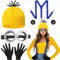 6-teiliges gelbes Kostümzubehör für Erwachsene, Kostüm-Set mit Minion-Brille, gelbe Beanie, Strickmütze, schwarze Handschuhe, Knöpfe, blaue Riemen, Partykostüme für Halloween, Cosplay, Partyzubehör