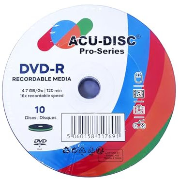 ACU-DISC Pro-Series DVD-R 4.7GB 16x Speed 120 Minutes Blank Discs AZO Dye UV Protection Hard Coat Anti-Scratch Surface – Perfect for Photos & Videos – Compatible with Any DVD Drive 17691 – 10 Pack