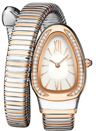 Women's Watches Snake Shape Diamond Watch for Women Luxury Ladies Gold Watch Analog Quartz Wristwatch with Flexible Alloy Strap (Rose Golden White Between)