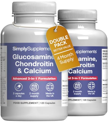 Glucosamine 2KCl, Chondroitin & Calcium | 240 Capsules | 4 Months | With glucosamine sulphate 2KCl and chondroitin sulphate | Calcium supports normal bones and muscle function | UK made