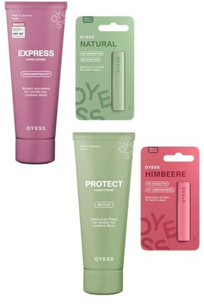 OYESS Hand- & Lippenpflege Set 4er – Handcreme Express Drachenfrucht & Protect Matcha + Lippenbalsam Natural & Himbeere – Feuchtigkeit für trockene Hände & Lippen, Vegan, Made in Germany