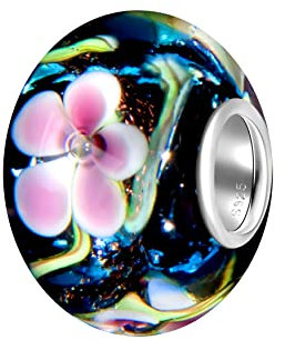 Andante-Stones perle en verre Bead SEALIFE Argent 925 Sterling massif bleu foncé avec fleurs roses Charm pour bracelets et colliers européens + Étui en organza