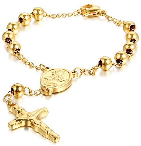 JewelryWe Rosenkranz Kreuz Armband Damen: Gold Edelstahl Perlen Kugelkette Armreif Armkette mit Jesus Kruzifix Anhänger Verstellbar Kettenarmband Religiöse Schmuck Geschenk für Frauen Männer