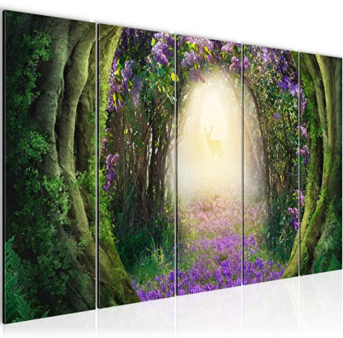 Runa Art Wandbild XXL Wald Hirsch Schlafzimmer Wohnzimmer 200 x 80 cm Grün Violett 5 Teilig - Made in Germany - 608855a