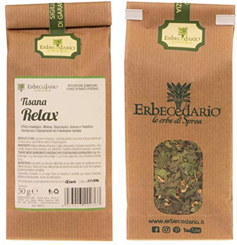 Erbecedario - Tisana Relax, Infuso Rilassante utile per favorire il benessere mentale e dormire bene, Tisana per contrastare stress e nervosismo, Tisana per dormire, 1 Sacchetto 50g