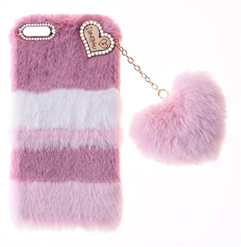 Plush Protective for iPhone 5 5s /iPhone SE 4.0 Fur Bunny Furry Phone Cover Plush Case Skin Cover Cute Soft Warm Fluffy Case Love Pendant for Women Girls Shell Splicing Pink Furry Fluffy Cases