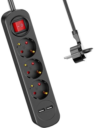 Mehrfachsteckdose mit USB, Realmade 3 Fach Steckdose, Verlängerungskabel Schwarz 1,5m