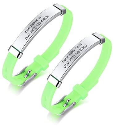 PJ JEWELLERY Notfallarmband SOS Armband Kinder Personalisierte - 2 Stück Edelstahl Silikonband Sicherheitsarmband Gravur Kleinkind Anti-Verlust Armbänder für Kinder Notfall Armband für Mädchen Jungen