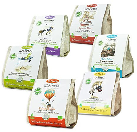 TERRAMOKA 96 Dosettes (6 * 16) Bio d’excellence Mix 6 variétés de Café Grand Cru - Compatible avec Dosette Senseo - Coffret Cadeau Dégustation - 100% Biodégradables - Torréfié en France