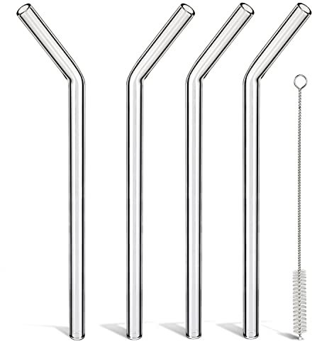 LIFEHIM Reusable Glass Straws Shatter Resistant Clear, Skinny Glass Straw Bent Thin for 16 oz Cups Tumblers 9 inch 8mm