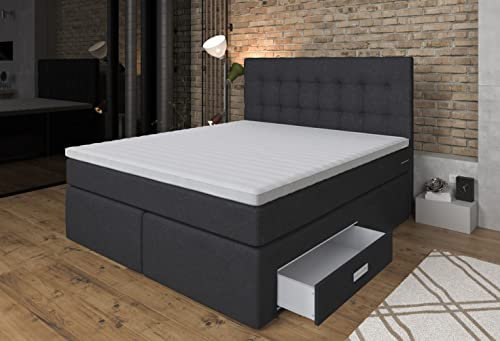 Tesla Dreams Boxspringbett 90x200 Ankona - Rechts Schublade,7 Zonen-Taschenfederkern-Matratzen,H2/H3, Topper Visco, Anthrazit