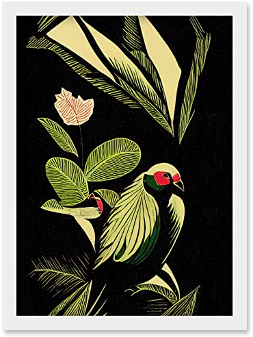 Wee Blue Coo Green Black Modern Vintage Tropical Plant Leaves with Bird Artwork Framed Wall Art Print A4