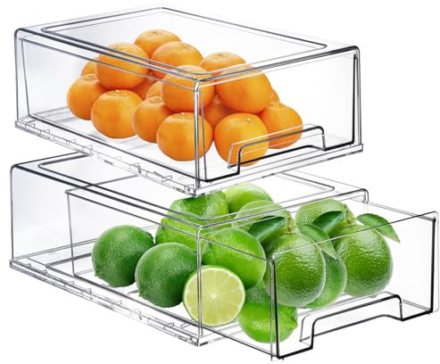 Ornafort 2Pack Fridge Organizer Bins with Pull Out Drawers Stackable Refrigerator Drawer Set, Reusable Food Storage Containers, Clear Kitchen Cabinet Pantry Shelf Organization