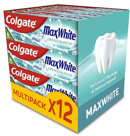 Colgate Max White Cristalli Bianchi Dentifricio Sbiancante, Confezione da 12 Pezzi x 75 ml, Salute Orcodentale Completa, Dentifricio Sbiancante con Protezione contro le Carie, Alito Fresco