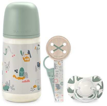 Suavinex, Pack Bebé Recién Nacido, Regalo Bebé con: Biberón Anticólico 270 ml de Flujo Medio (M) + Chupete 0/6 Meses + Chupetero de Tela. Para Bebés 0/6 Meses. Tetinas Sx Pro de Silicona, Walk Verde