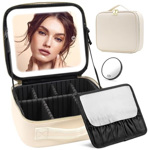JADAZROR Make-up-Tasche mit Spiegel und Licht, Reise-Make-up-Tasche mit 3-farbig beleuchtetem Make-up-Organizer, tragbares Make-up-Etui mit verstellbaren Trennwänden, LED-Kosmetiktasche als Geschenk