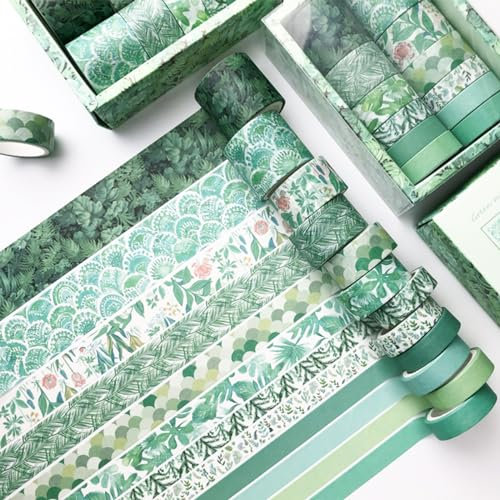 Mtbricey 12 Rollen Grün Washi Tape Set Minzblatt Dekoratives Washi Tape Multi-Muster Erfrischende Washi Masking Tapes ästhetisches Papierband Pastell Scrapbooking Klebeband Aufkleber für DIY Handwerk