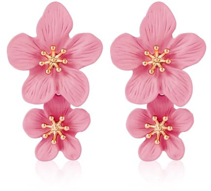 Boucles d'Oreilles à Double Fleur, Boucles d'Oreilles à Fleurs 3D Boucles d'Oreilles Pendantes Florales Boucles d'Oreilles à Clous Bohèmes Boucles d'Oreilles à Fleurs Sauvages Chics (Rose)