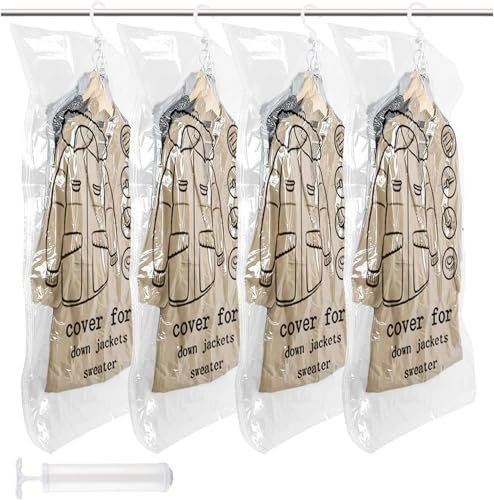 Bolsas colgantes de almacenamiento al vacío, 4 Piezas Bolsas Vacio Ropa, 110x70cm, Bolsas al Vacio para Guardar Ropa con Bomba para Trajes, Abrigos, Chaquetas