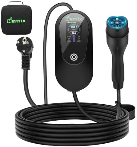 Nemix Câble de Recharge Type 2 avec Écran HD 2,8 – Câble Recharge Voiture Électrique 5M Monophasé 8-16A Courant Réglable, Charge Programmée – Chargeur Véhicule Électrique Portatif Domestique Sac
