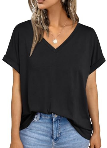 AirMood T-Shirt d'été Ample à Manches Courtes pour Femme avec col en V, Noir, S