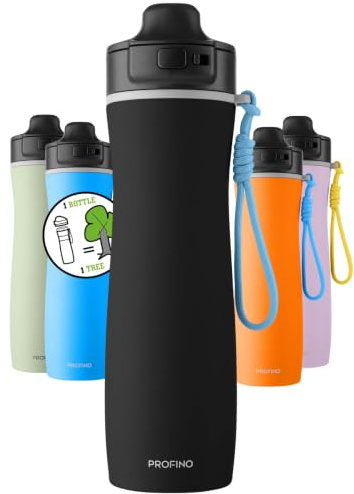 PROFINO Active Isoliertrinkflasche 625 ml, Flip-Cap, auslaufsicher | Schwarz, Paracord-Band, 90% recycelter Stahl, für Sport, Outdoor, Schule, spülmaschinengeeignet, kohlensäuregeeignet