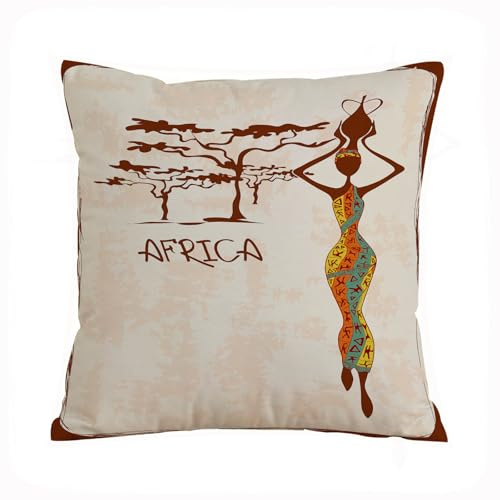 ERRTU Kissenbezug 45x45 cm,Afrikanische Frau, Vintage Afrika Themen Illustration schlanke ind,Dekokissen Kissenbezüge Deko Kissen Bezug Wohnzimmer Zierkissen für Sofa Stuhl Bett Garten