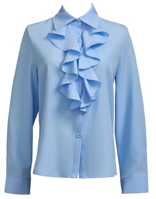 Taiduosheng Camicetta da Donna con Pizzo, Collo a Volant, Colletto Alto, Rouches, Maniche Lunghe, Camicia da Ufficio per Abito Casual da Lavoro, Blu, L