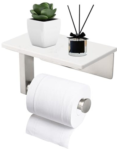 White Toilet Roll Holder, Wall-Mounted Toilet Paper Holder with Phone Shelf, Stainless Steel Marble Tissue Roll Holder for Bathroom Washroom