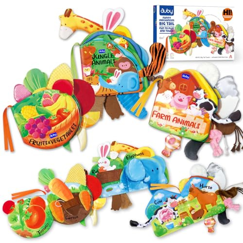 auby Set de 3 Libros de Tela Interactivos con Colas Táctiles 3D | Libros Sensoriales para Bebés, Juguetes Montessori 0-12 Meses, Lavable a Máquina