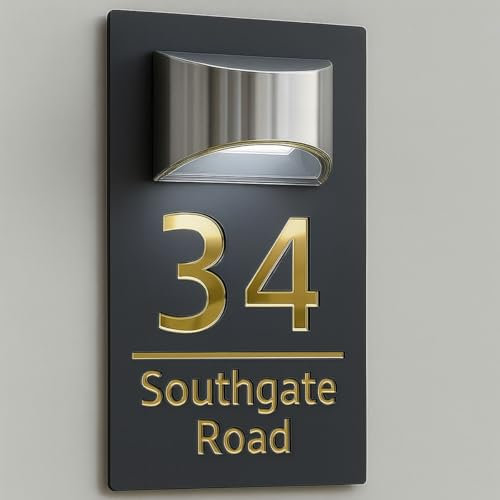 House Numbers Plaques With Solar Light House Numbers Door Signs Personalised Door Number For Wall Name Outside (Black and Mirror Gold)