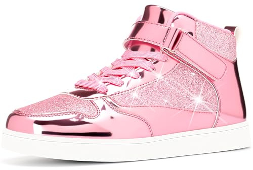 APTESOL Unisex High Top Mode Sneaker mit Spiegelmetall-Optik und Glitzerdetails – Verstellbarer Klettverschluss, Glänzende Freizeit & Partyschuhe für Männer und Frauen