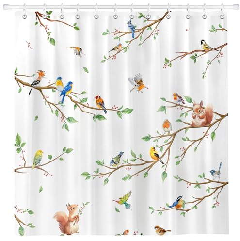Arquiel Rideau De Douche, Branche D'Oiseau Lavable 182x182 cm Imperméable Polyester Rideau De Bain pour Baignoire, Salle De Bain Décor avec œIllets Et 12 Crochets