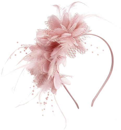 Ljusrosa Fascinator Pannband för Bröllop och Håraccessoarer, Blommig Huvudbonad med Pärlor för Brudtärna, Garden Party och Ascot