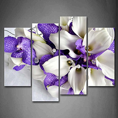 First Wall Art - Fleur Tableau Toile Plantes Violettes et Blanches Peinture Murale Cadre 4 Pièces Moderne Art Poster Decoration pour Le Maison,Salon,Chambre,Cuisine