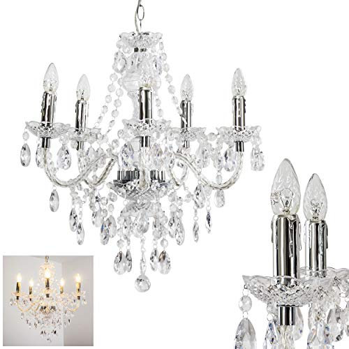 Lustre classique en métal/acrylique chromé, lampe à suspendre à 5 flammes, 5 x E14, max. 165 cm (hauteur réglable), lampe à suspendre moderne, design vintage/rétro, ampoule(s) non incluse(s)