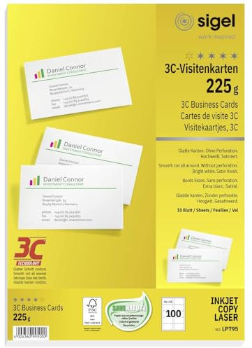 Sigel LP795 Bedruckbare Visitenkarten, glatte Kanten 85 x 55 mm Hochweiß 100 St. Papierformat: DIN A4