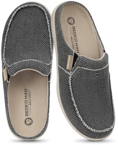 Mens Slippers with Arch Support, Canvas House Slipper for Men with Suede Insole and Velvet Lining, Slip on Clog House Shoes with Indoor Outdoor Anti-Skid Rubber Sole, Black