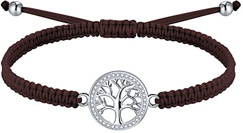 J.Endéar Lebensbaum Armband für Damen Mädchen Schmuck Silber 925 mit Zirkon, Handgefertigtes Geflochtenes Armband Verstellbar, Braun