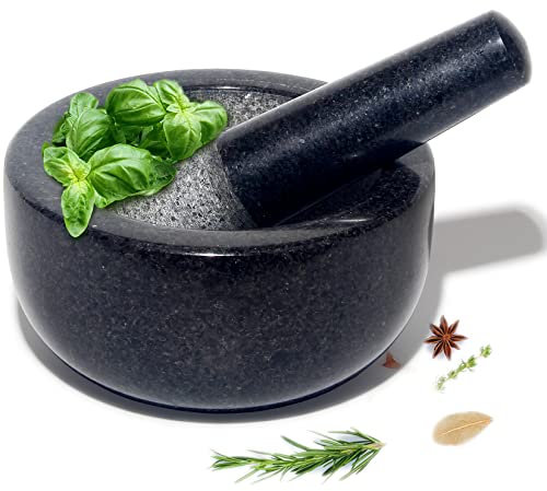 Theo&Cleo Groß Mörser mit Stößel Granit - Natürlicher Mortar und Pestle Sets - Zum Mahlen von Gewürzen, Knoblauch, Kaffeebohnen und anderen Gewürzen - Schwarz