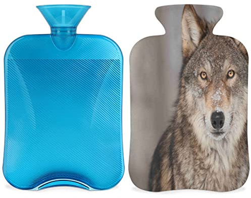 Wolf W?rmflasche mit flauschigem Bezug, 2 l gro?es Fassungsverm?gen, W?rmflaschen f¨¹r Kinder, M?nner, Frauen, Wolf-Tiermuster, warme Wasserflasche f¨¹r gem¨¹tliche N?chte, Schmerzlinderung, R¨¹cken