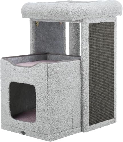 TRIXIE Junior Kratzbaum Carlita 63 cm in grau/Flieder – Katzenbaum klein auf 2 Ebenen mit Katzenhöhle, Katzenhaus mit Kratz- und Schlafmöglichkeit – gemütlich & stabil – 44441