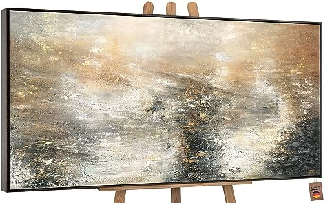 YS-Art Pintura abstracta sobre lienzo en acrílico Poder elemental arte abstracto Pintura hecha a mano en tonos grises y dorados con marco 200x100 cm