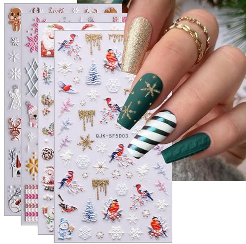 3D Nagelsticker Weihnachten, 4 Blatt 5D Selbstklebend Nagelaufkleber Stereoskopisch Nail Art Sticker Dekoration Nageldesign Zubehör