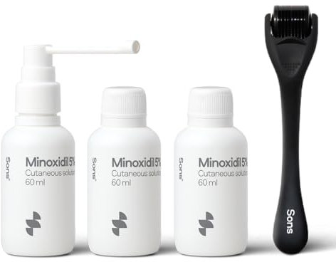 Sons Minoxidil 5% Lösung mit Derma Roller für Männer, fördert Haarwachstum & Haarverdichtung bei Haarausfall & Ausdünnung, stimuliert Follikel & Kollagenbildung, 3 Monate