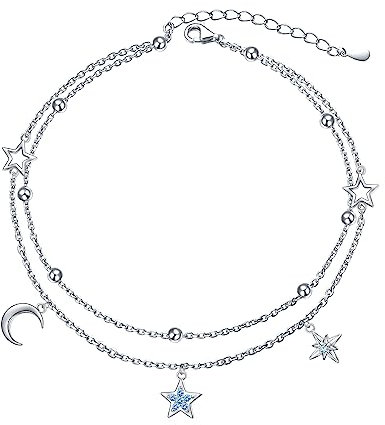 HOOHWE Fußkettchen für Damen 925 Sterling Silber Mond Stern Fussketten für Frauen Größenverstellbar Fußkettchen Armbänder Sommer Schmuck für Frauen und Mädchen Geschenke