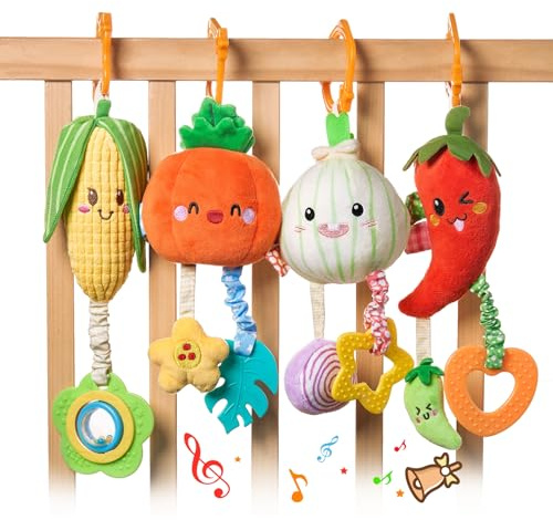 TUMAMA Hanging Baby Toys,4 Pack Vegetable Crib Stroller Baby Gym Mobile Plush Toys, Early Baby Cognitive Sensory Hanging Rattle Toys with Teether. Suitable for Babies 0, 3, 6, 9, 12 Months